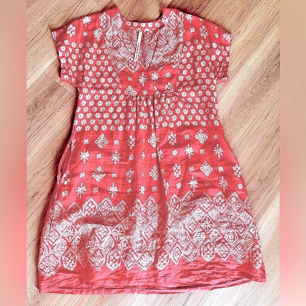 Uncle Frank Linen Dress Pink/Off White Women’s SM Boho Hippie Dress Pockets